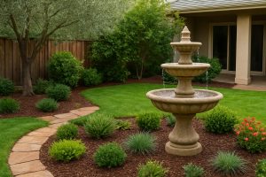 Landscaping garden fountain in a Fresno home backyard
